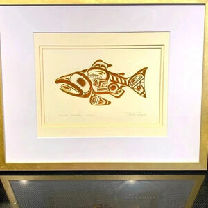 Haida  Salmon “SKAGII” by Bill Reid, framed with raised copper image